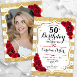 Blommigt Guld White Röd ros Foto 50:e födelsedagen Inbjudningar<br><div class="desc">Elegant, blommigt, feminin 50-årsinbjudan med ditt foto på baksidan av kortet. Glam, vit, röd design med faux glitter guld. Funktioner rand, röd ros, typsnitt för skript och confietti. Perfekt för en snyggt vuxen under firande party. Anpassa med dina egna detaljer. Kan anpassas för vilken ålder som helst! Skrivna Zazzle-inbjudningar eller...</div>