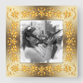 blommigt Gulden ram. Ditt foto. Fyrkantig Klocka