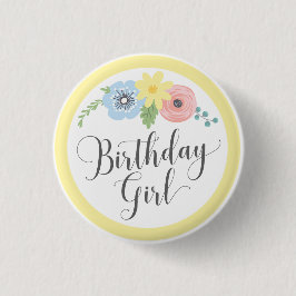 Blommigt Gult Birthday Girl Baby & Kids Party Knapp