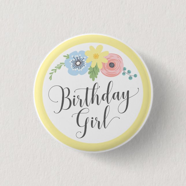 Blommigt Gult Birthday Girl Baby & Kids Party Knapp (Framsida)