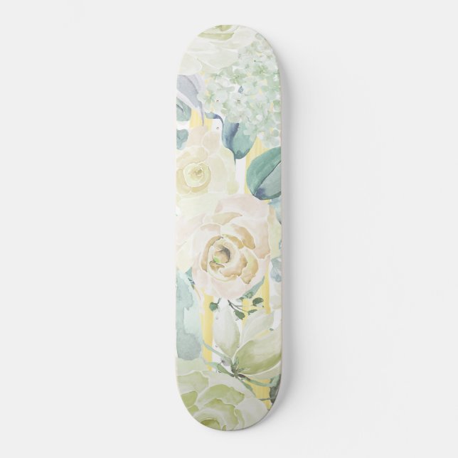 blommigt gult chic grönt  blått vattenfärg mini skateboard bräda 18,5 cm (Framsida)