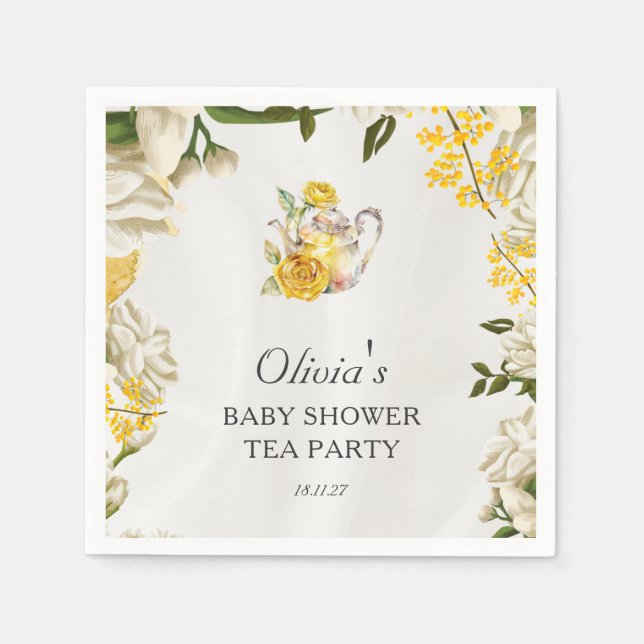 Blommigt Gult Grönt Tea Party Baby Shower Papper f Pappersservett (Framsidan)