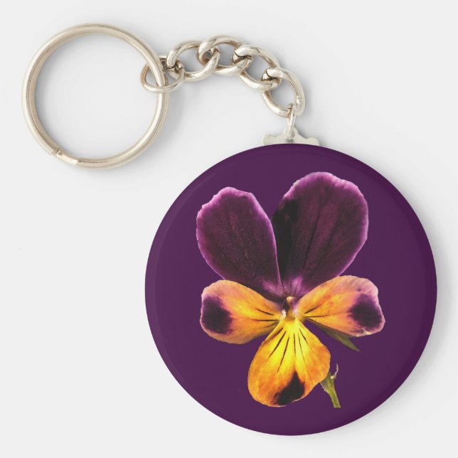 Blommigt Gult Lila Pansy Flower Keychain Nyckelring (Framsidan)