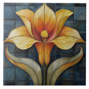 Blommigt Gult Lily Art Deco Kakelplatta