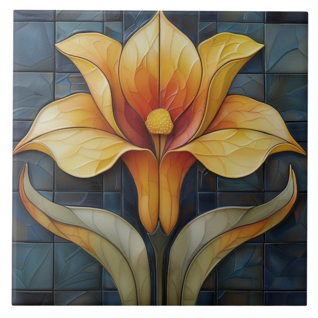 Blommigt Gult Lily Art Deco Kakelplatta (Framsidan)