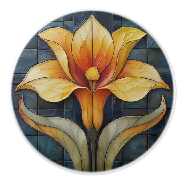Blommigt Gult Lily Art Deco Knopp (Framsidan)