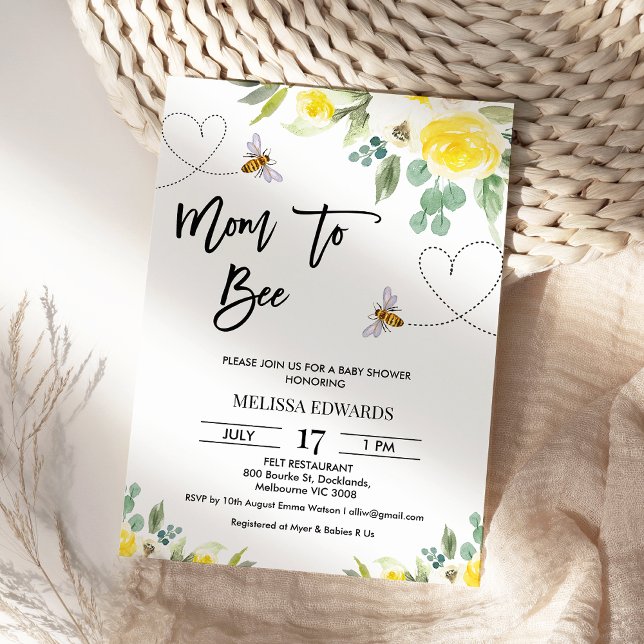 Blommigt Gult Mamma till Bee Baby Shower Inbjudningar (Mom to Bee Baby Shower Invitation Template, Floral Bee Themed Baby Shower Invitation, Heart Path )