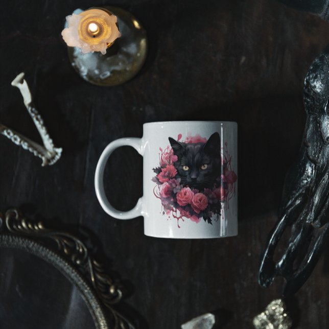 Blommigt Halloween Black Cat Kaffemugg (HALLOWEEN PINK BLACK CAT MUG)