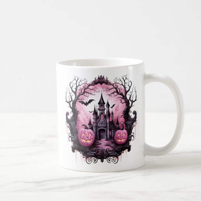 Blommigt Halloween Rosa Haunted House Kaffemugg (Höger)