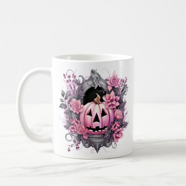 Blommigt Halloween Rosa Pumpkin Kaffemugg (Vänster)