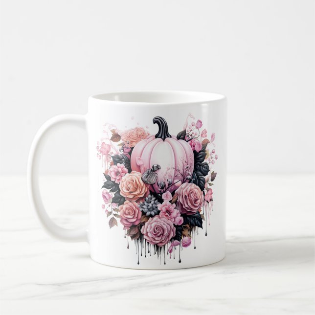 Blommigt Halloween Rosa Pumpkin Kaffemugg (Vänster)