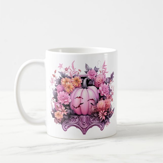 Blommigt Halloween Rosa Pumpkin Kaffemugg (Vänster)