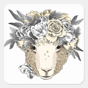 Blommigt Halo Sheep Fyrkantigt Klistermärke