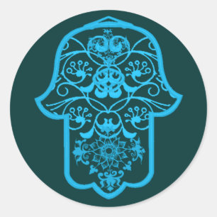 Blommigt Hamsa (blå) Runt Klistermärke