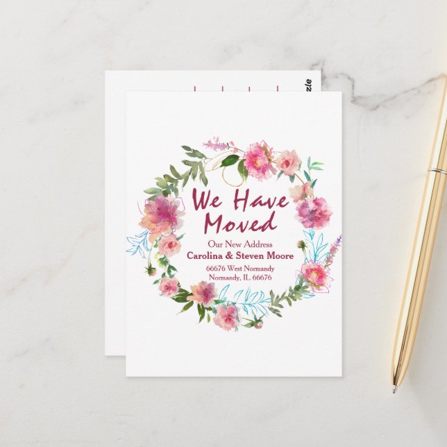 Blommigt Hand Lettered "Vi har flyttat" Vykort (Fram/Back In Situ)