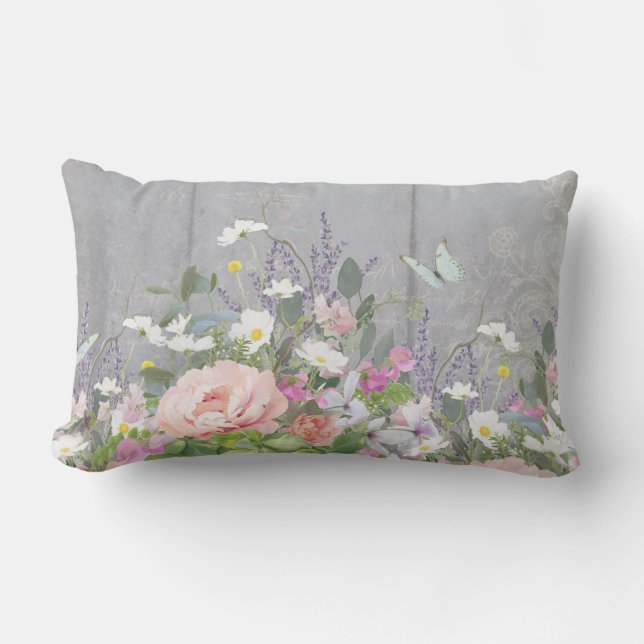 Blommigt Hand målade Peony Vild Flowers Rustic Woo Lumbarkudde (Framsida)