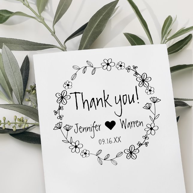 Blommigt Hand plockade Tack Personlig för andnings Stämpel (Floral Hand Drawn Wreath Thank You Personalized Rubber Stamp)