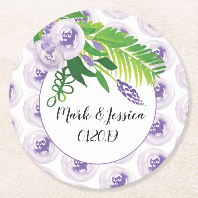 Blommigt Hand Watercolor Greenery Lila Bröllop Underlägg Papper Rund (Framsidan)