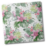 Blommigt Handflatan Watercolor Botaniska Tropiska  Kakelplatta<br><div class="desc">En tropisk design som omfattar naturens lukrativa skönhet blandad med en lekfull kant. En blandning av kalmbildande tropiska löv av grönt, inklusive bananblommor, handflatan, monstera löv och rosa princessa-växter, vid sidan av blommor av lila-rosa-orkidé och proteablommor, sammanflätade med olika andra blad. Om du lägger till en inslag av roligt ger...</div>