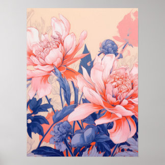 Blommigt Harmony: En symfoni av Rosa och blått Poster