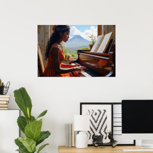 Blommigt Harmony - Kvinnor i Piano med naturvy Poster