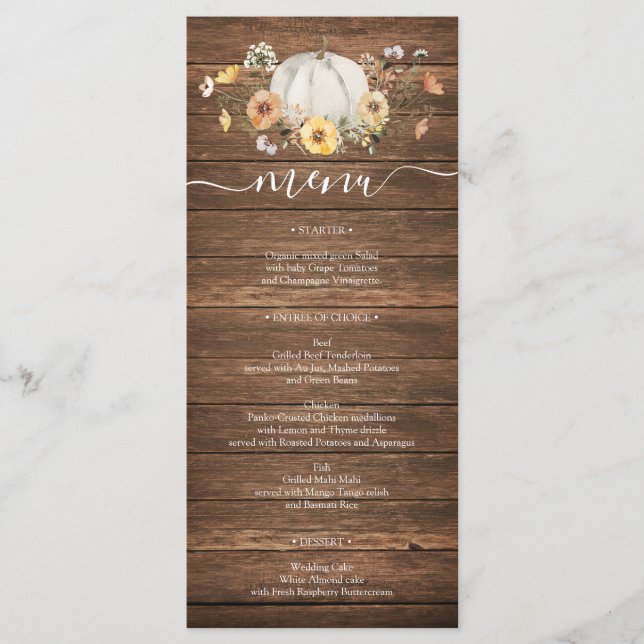 Blommigt Harvest Pumpkin Bröllop Menus Meny (Framsida)