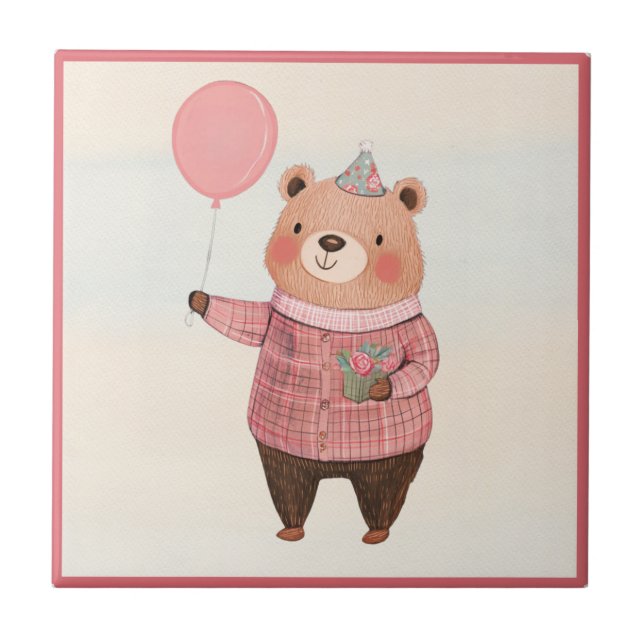 Blommigt Hat Bear med Rosa Play Sweater Kakelplatta (Framsidan)