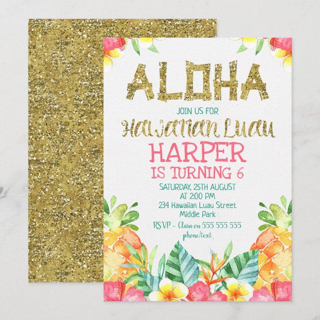 Blommigt Hawaiian Luau Birthday Inbjudan (Fram/baksida)