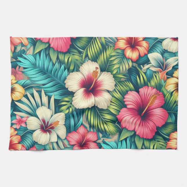 Blommigt hawaiiska/tropiska kökshandduk (Horisontell)