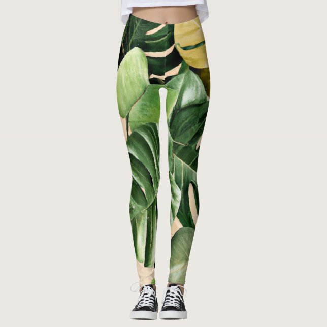 Blommigt/hawaiiska/tropiska löv leggings (Framsida)