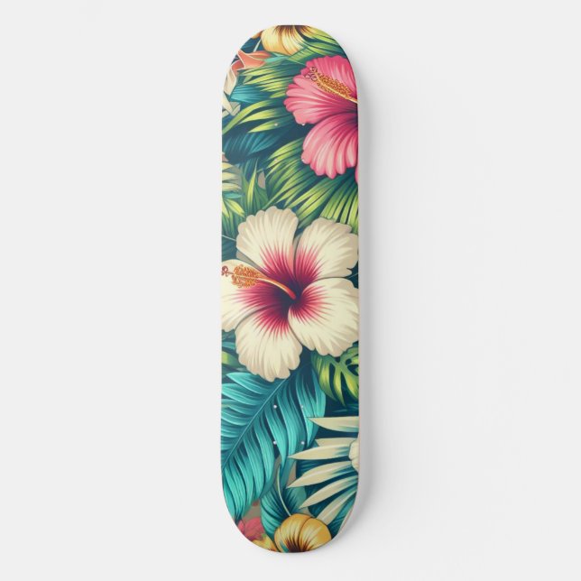 Blommigt hawaiiska/tropiska mini skateboard bräda 18,5 cm (Framsida)