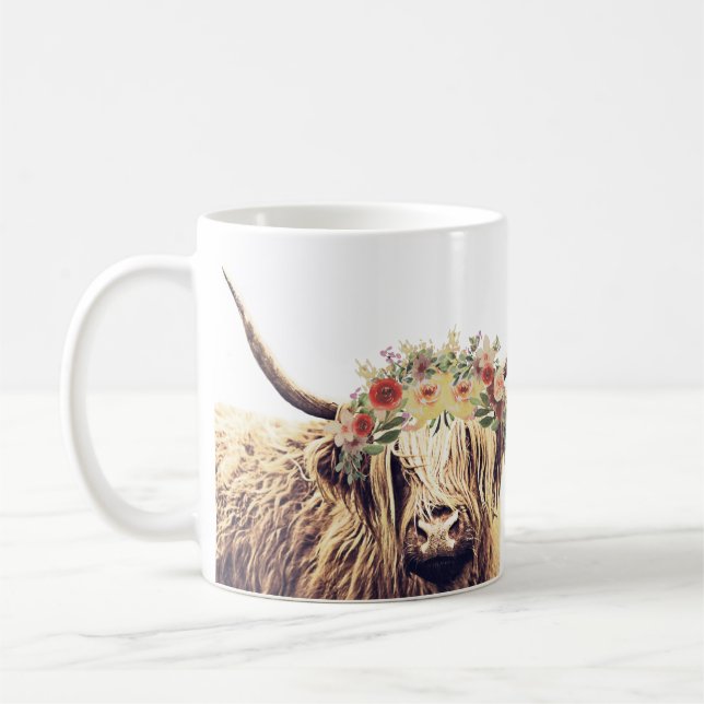 Blommigt Head Biet Långhårig Highland Cow Kaffemugg (Vänster)