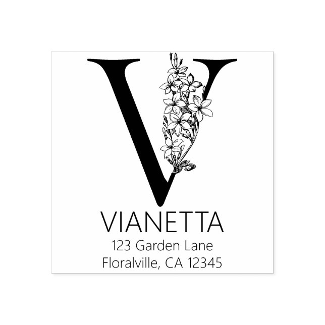 Blommigt Head Brev - V - Returadress Monogram Stämpel (Tryck)