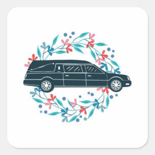Blommigt Hearse Car Fyrkantigt Klistermärke