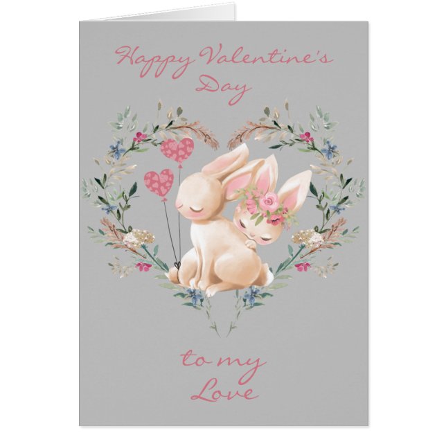 Blommigt Heart Bunnies på Kärlek Valentindagen Hälsningskort (Framsidan)
