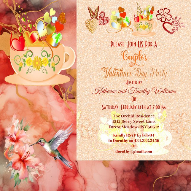 Blommigt Heart Butterfly Tekopp Alla hjärtans dag  Inbjudningar (Floral Heart Butterfly Teacup Valentine Day Couple Invitation)