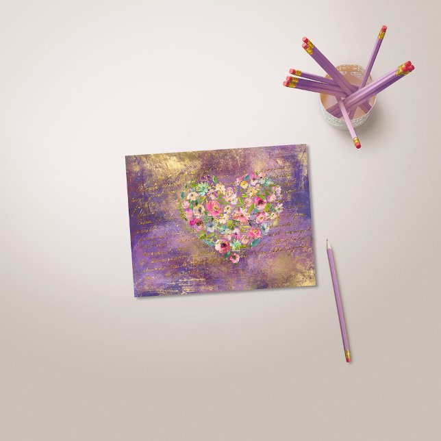 Blommigt Heart Guld Antique Handskrift Vykort (Skapare uppladdad)