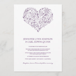 Blommigt Heart Lila Bröllopsinbjudan Inbjudningar