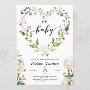 Blommigt Heart Oh Baby Shower-inbjudan Flicka Boho Inbjudningar