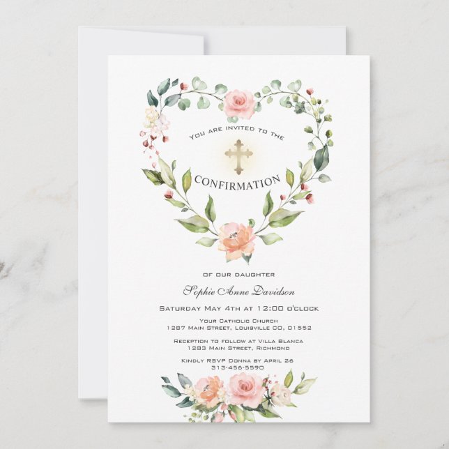  Blommigt Heart Ram Kor Girl-flickbekräftelse Inbjudningar (Framsida)