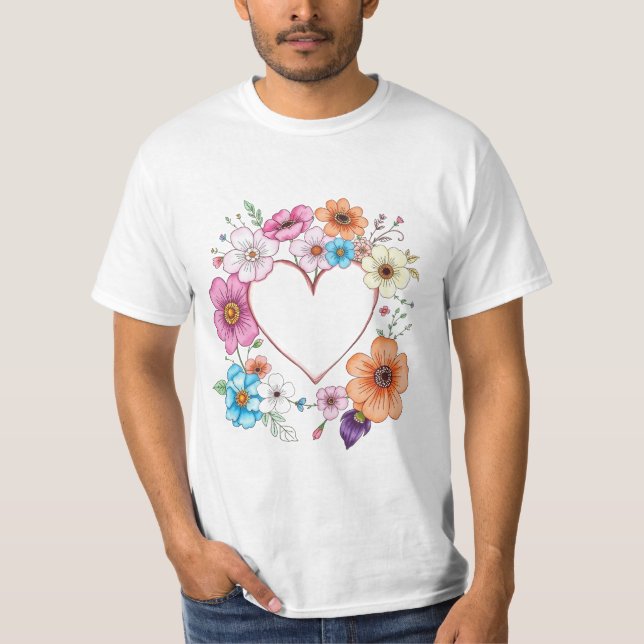 Blommigt Heart Ram Romantic Hand Drawn Flowers T Shirt (Framsida)