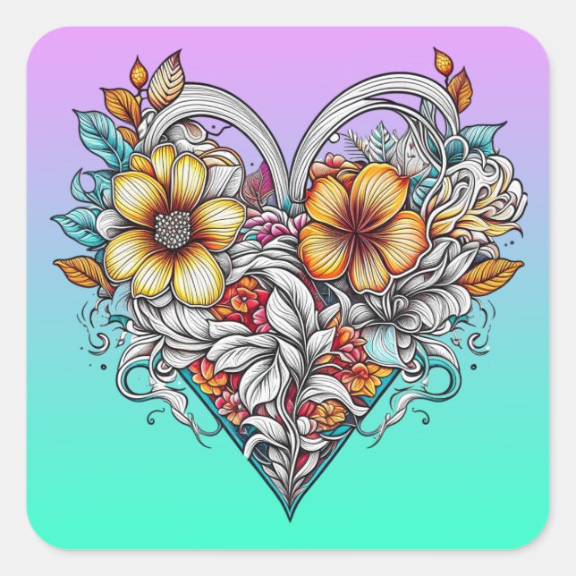Blommigt Heart Romantic Fyrkantigt Klistermärke (Framsida)