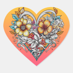 Blommigt Heart Romantic Hjärtformat Klistermärke