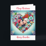 Blommigt Heart Romantic Personlig jul Helgkort<br><div class="desc">Söt teal bakgrund med röd ros och färgstarka blommor,  viskare folk konst stil blommigt hjärta. Lägg till en bild av dig och din partner i personaliseringsområdet. Söt romantiskt kort till jul. Allt jag vill ha till jul är vi.</div>