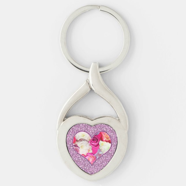 Blommigt Heart Rosa & Lavender Faux Glitter Twisted Heart Silverfärgad Nyckelring (Framsidan)