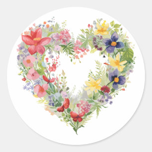 Blommigt Heart - Vår blommor i vattenfärger Runt Klistermärke