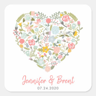 Blommigt Heart Wedening Stickers Fyrkantigt Klistermärke