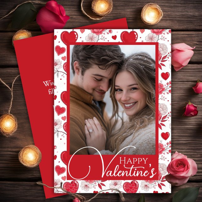Blommigt Hearts Lycklig Valentines Anpassningsbar  Julkort (Floral Hearts Happy Valentine's Custom Photo Holiday Card)