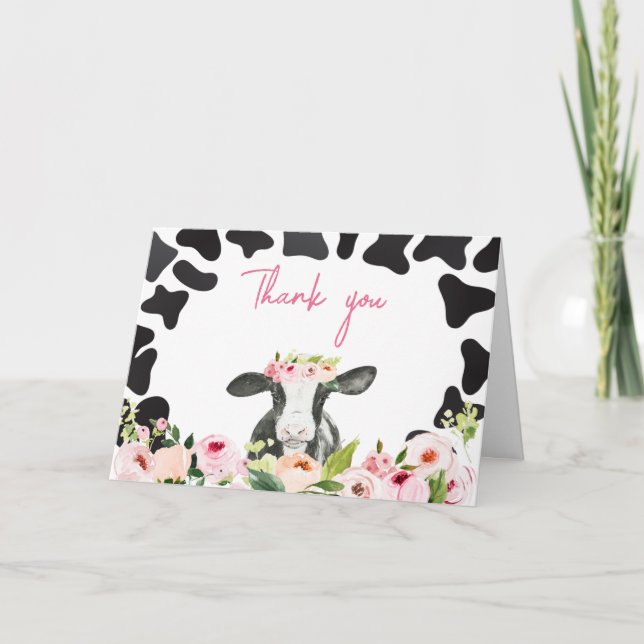 Blommigt Heliga Kow Baby Shower Tack Kort (Framsida)