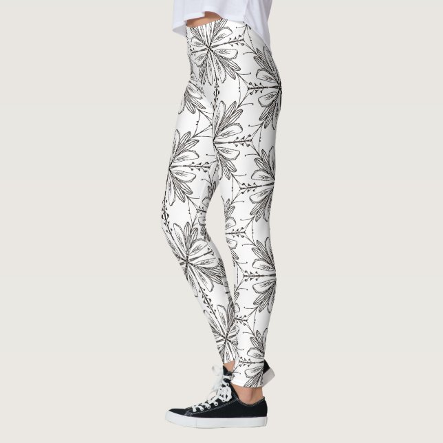 Blommigt Henna Mandala Black White Leggings (Vänster)